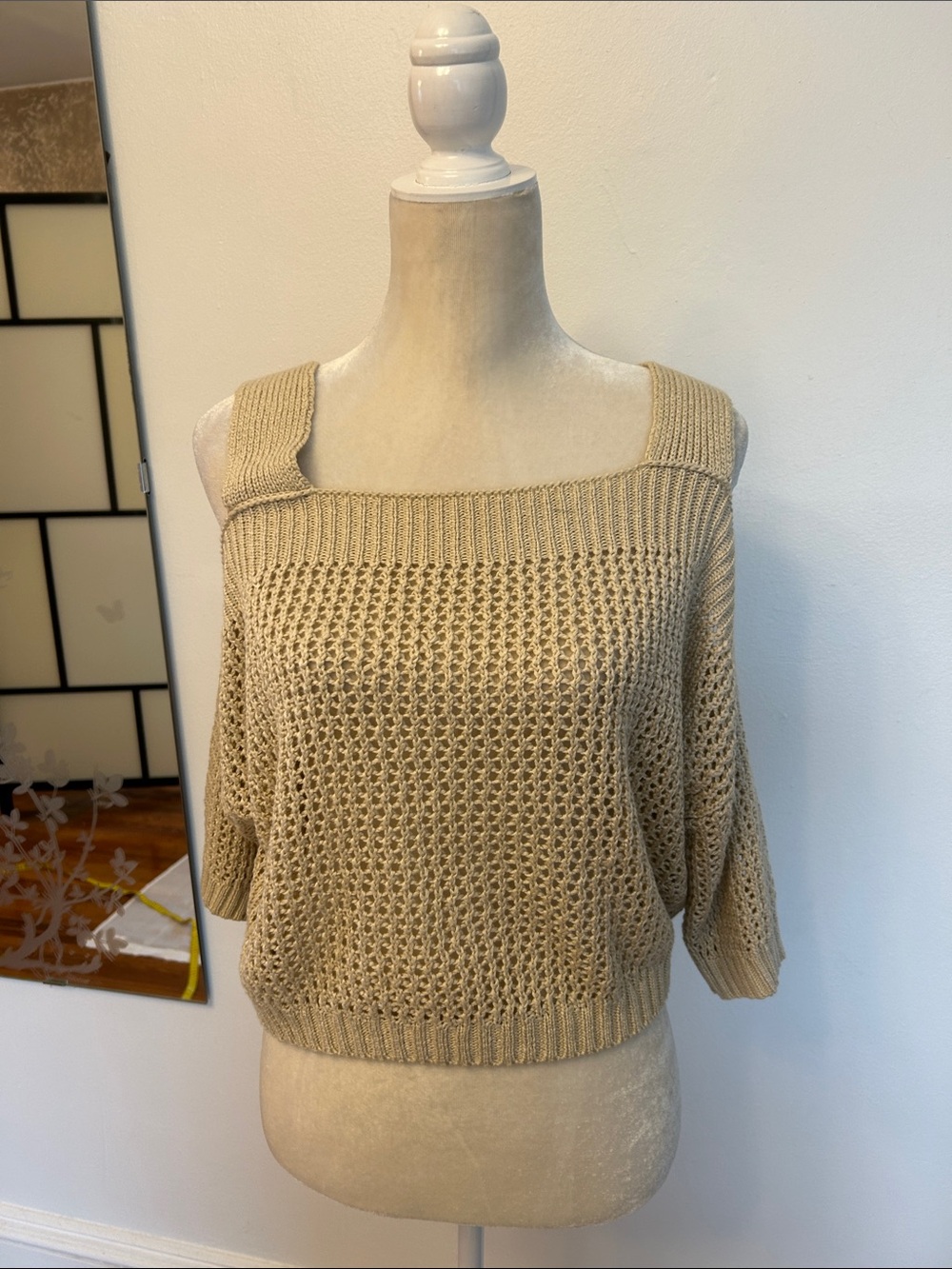 bishop + young Beige Open-Weave Off-the-Shoulder Sweater